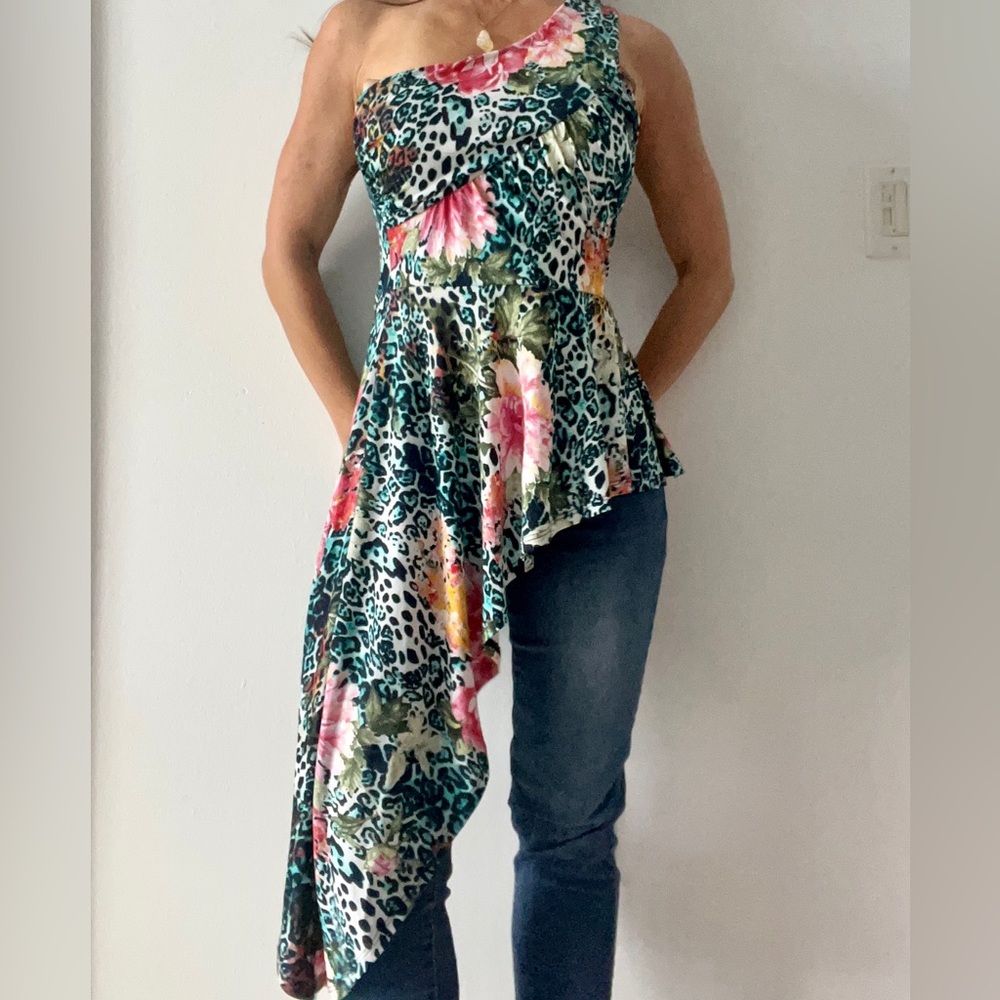 Floral Animal One Shoulder Asymmetrical Top